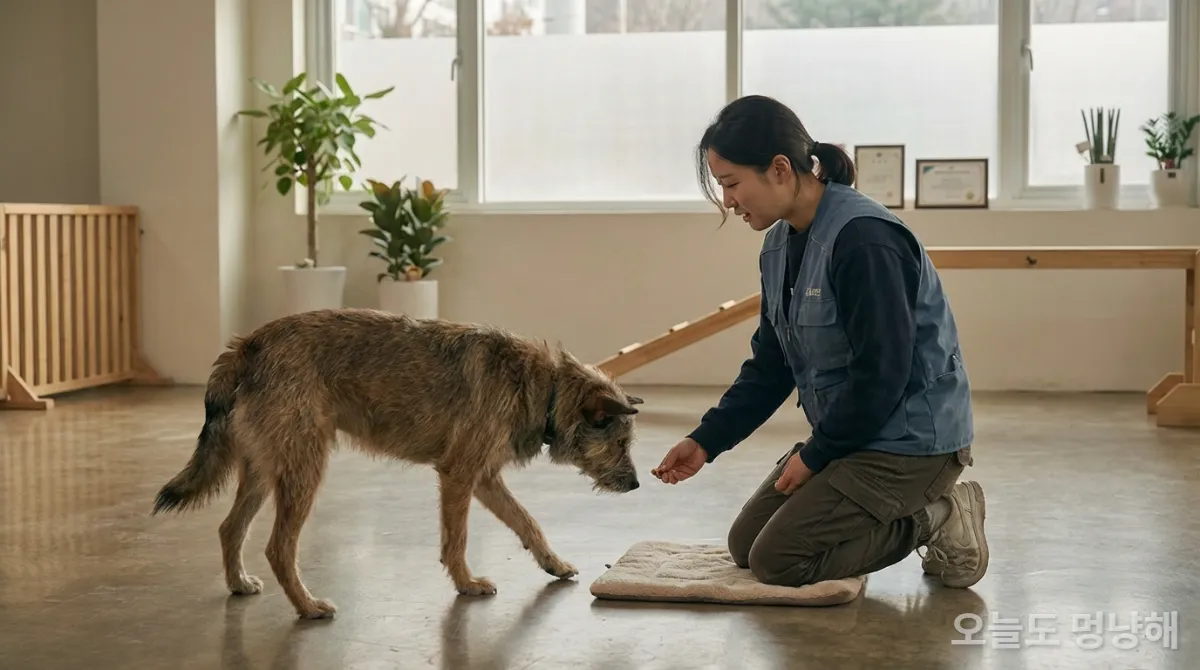 한국인 훈련사가 소심한 성견에게 사회화 회복 훈련을 진행하는 모습