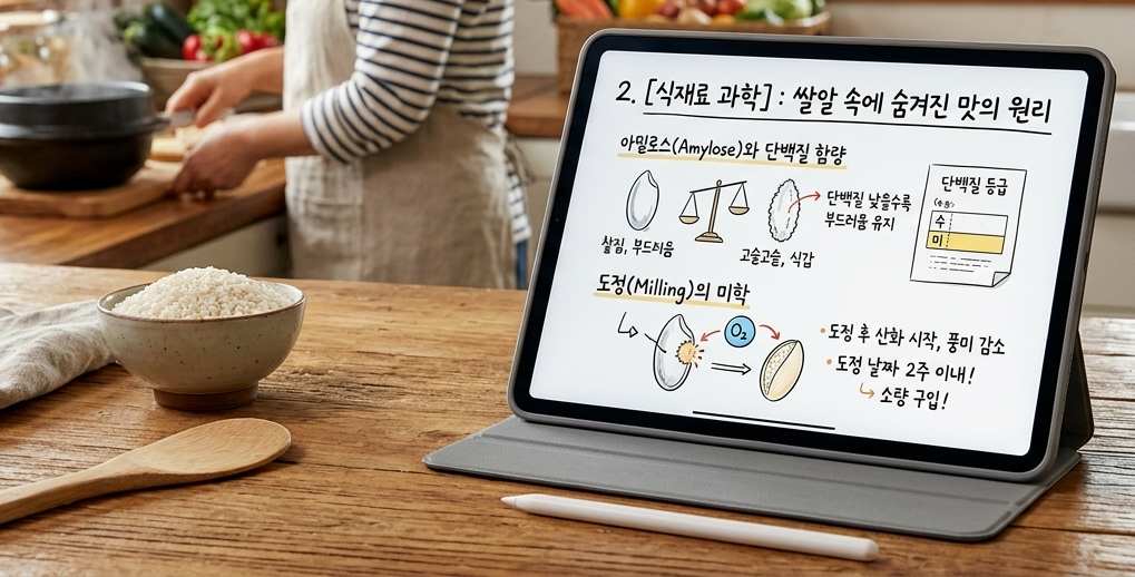 햇살이 따스하게 들어오는 주방 식탁 위, 아이패드에 '2. [식재료 과학]: 쌀알 속에 숨겨진 맛의 원리'라는 제목의 학습 기획안이 띄워져 있다. 화면 속에는 아밀로스와 단백질 함량에 따른 밥의 질감 차이, 그리고 도정 후 산화 과정을 설명하는 일러스트와 텍스트가 정교하게 정리되어 있다. 테이블 앞쪽에는 갓 씻은 쌀이 담긴 그릇과 나무 주걱이 놓여 있고, 배경에서는 앞치마를 두른 여성이 솥밥을 지으며 정성스럽게 요리에 집중하고 있다. 건강하고 맛있는 밥상을 위해 식재료의 본질을 연구하는 요리 연구가의 평화롭고 정갈한 일상을 담은 장면이다.