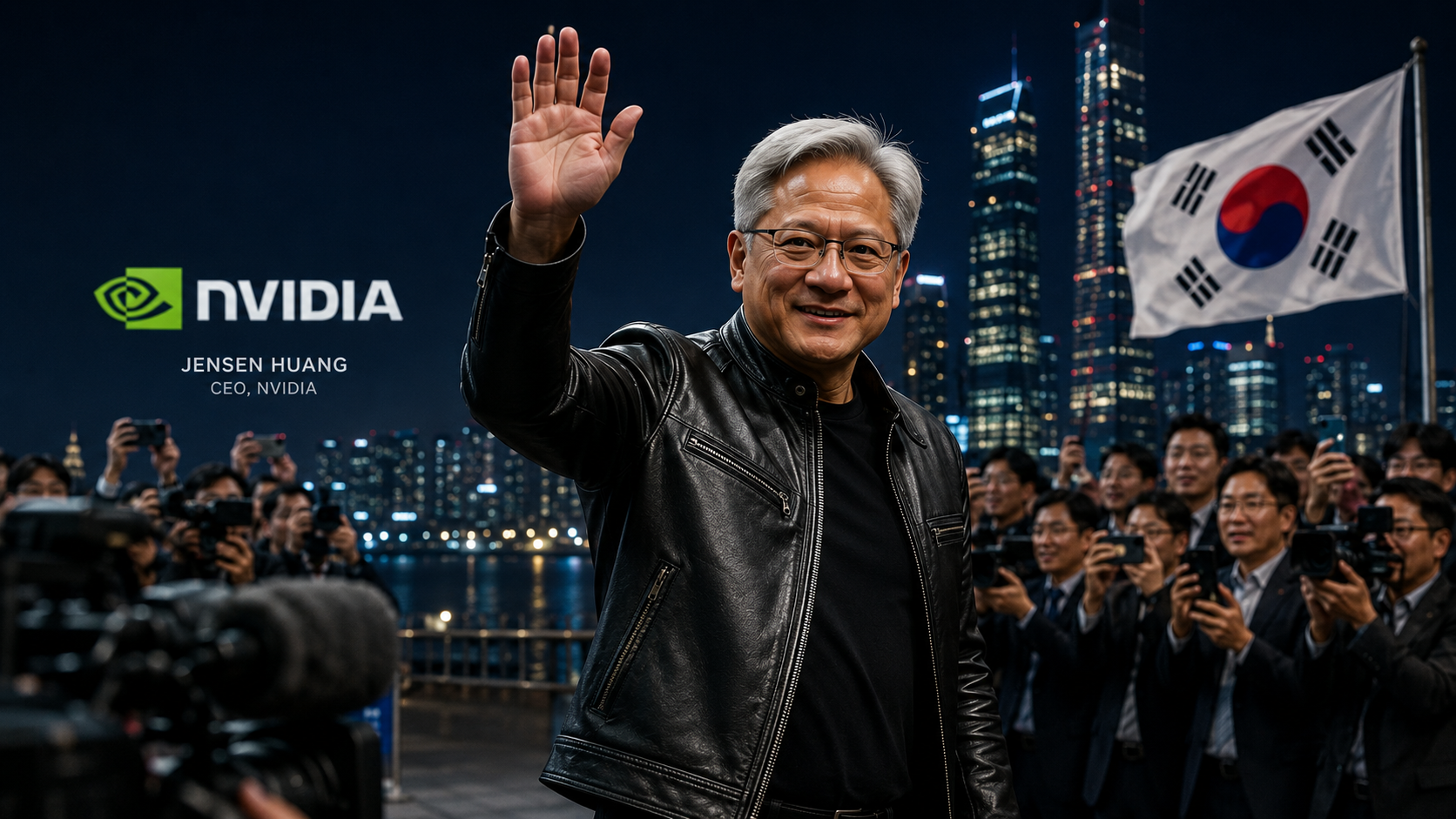 Jensen Huang visiting South Korea with NVIDIA branding, representing AI semiconductor partnerships and Korea's strategic role in the global AI supply chain.