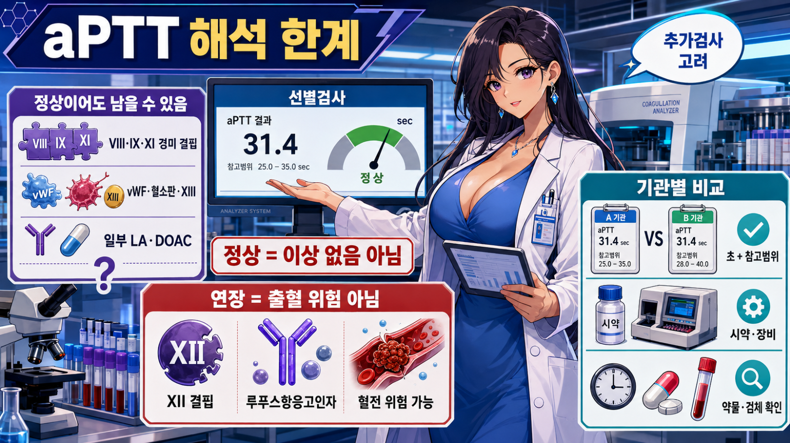 aPTT 검사 해석의 한계와 정상 결과 및 기관별 결과 비교를 설명하는 메디컬 인포그래픽