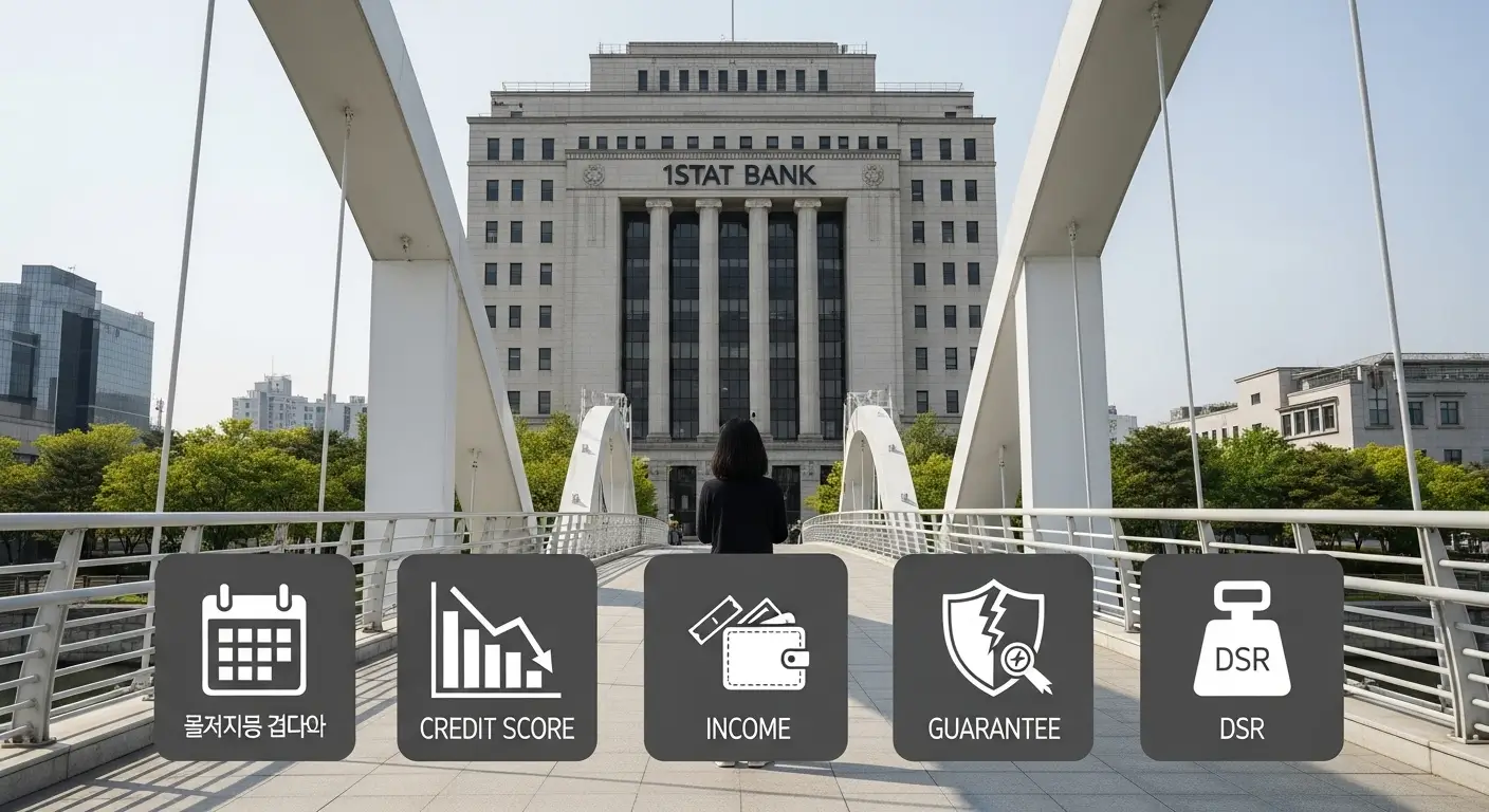 1금융권 은행으로 가는 다리 위에 '상환기간', '신용점수', '소득', '보증서', 'DSR'이라는 5개의 장애물이 있는 모습