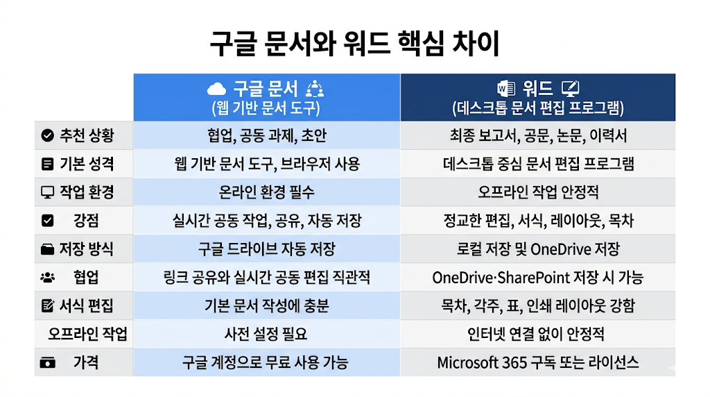 구글 문서와 워드 핵심 차이