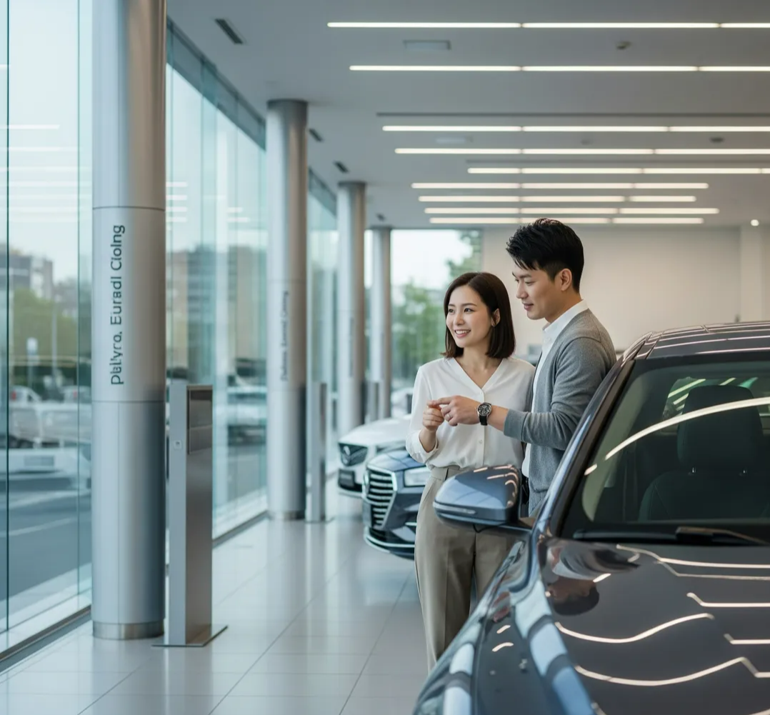 기아차 매장에서 차량을 구경하는 커플