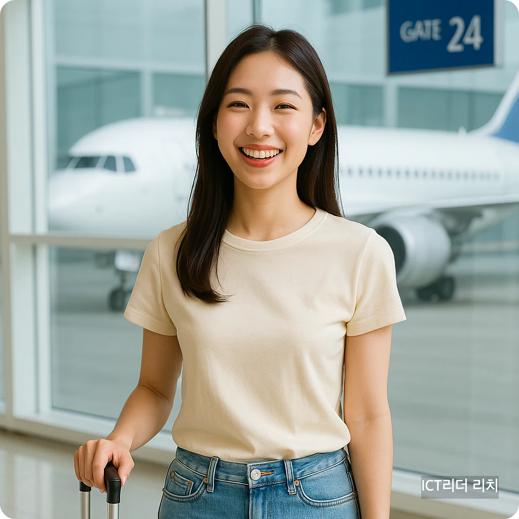 인천공항 탑승 게이트 앞에서 여행 가방을 끌며 환하게 웃는 여성