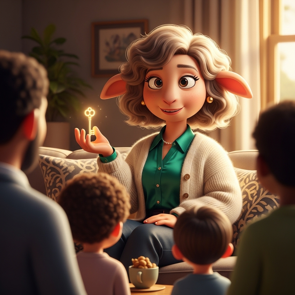 따뜻한 거실에서 영적 가족들과 함께 소통하며 하느님의 뜻이라는 열쇠를 들고 있는 단발머리 양 선생님 캐릭터