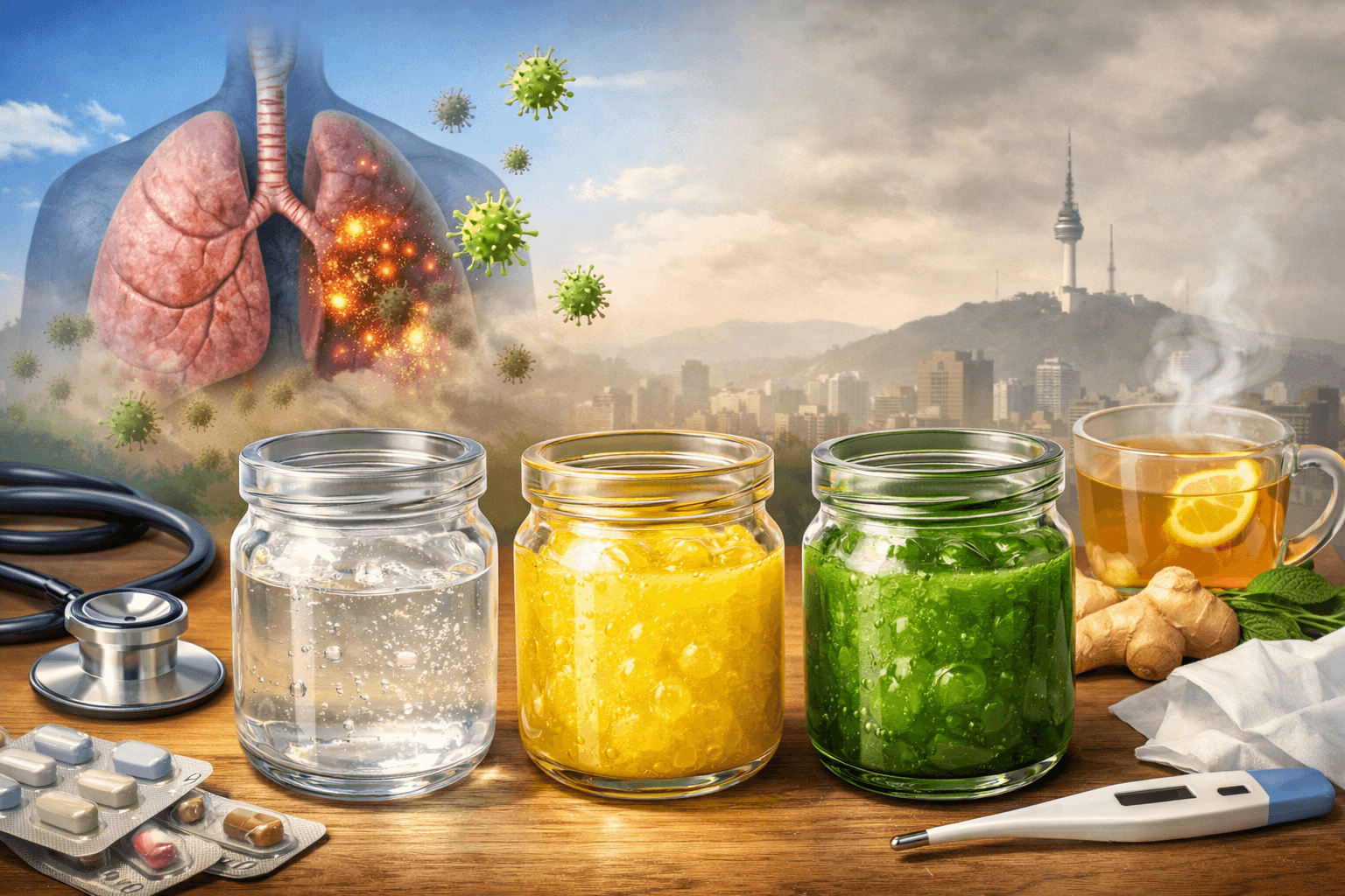투명, 노란색, 초록색 가래를 각각 담은 유리병과 폐 일러스트가 함께 표현된 한국 도시 배경의 호흡기 건강 개념 이미지