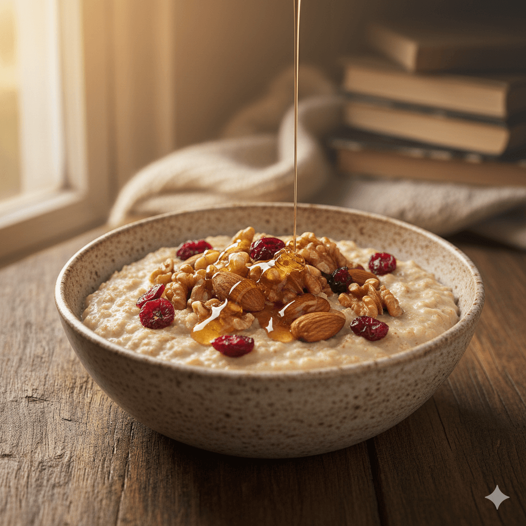견과류와 말린 과일 토핑된 따뜻한 오트밀