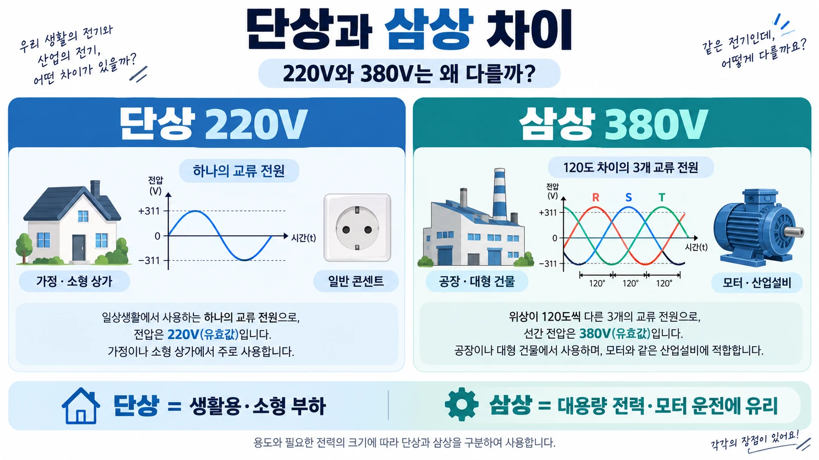 단상 220V와 삼상 380V의 특징과 주요 사용처를 비교한 인포그래픽
