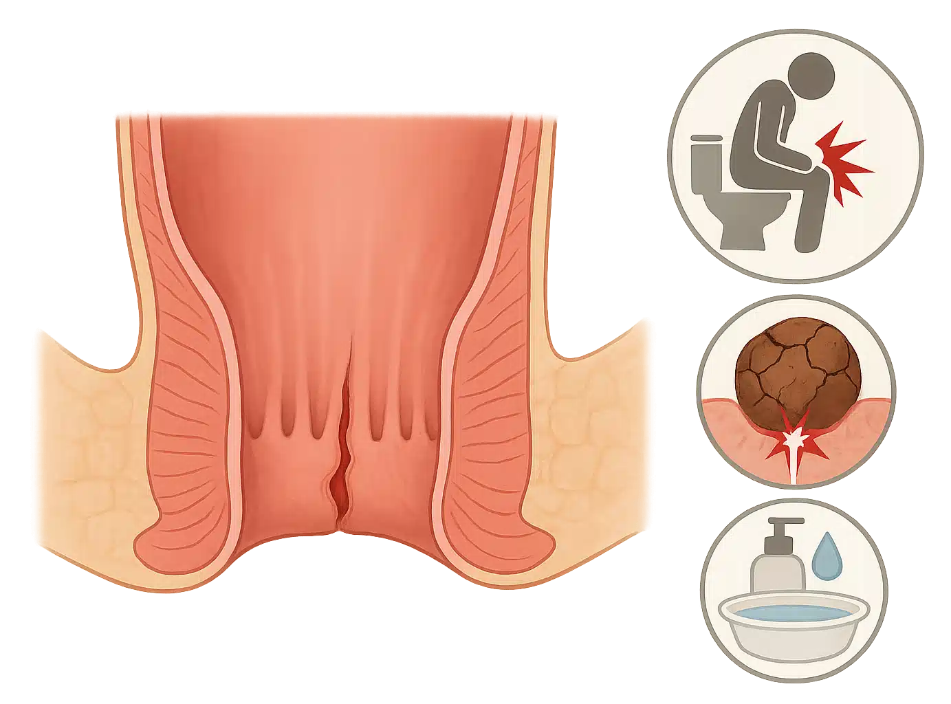 항문 점막에 미세한 균열이 생긴 단면 그림, 배변 시 날카로운 통증 아이콘, 딱딱한 변과 함께 찢어지는 듯한 이미지 표현, 좌욕과 보습 아이콘