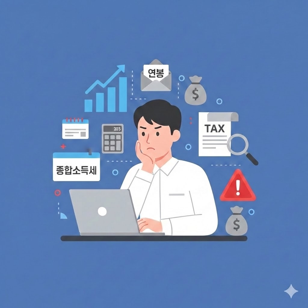 본업인 근로소득과 부업으로 인한 사업소득이 합산되는 과정을 계산기와 서류를 통해 확인하고 있는 직장인 사업자의 모습입니다.