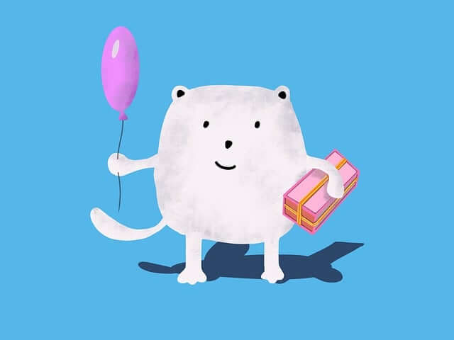 캔바사용법-캔바의 생일카드템플렛의 예시로 귀여운 캐릭터가 생일선물과 풍선을 들고 있는 이미지.
