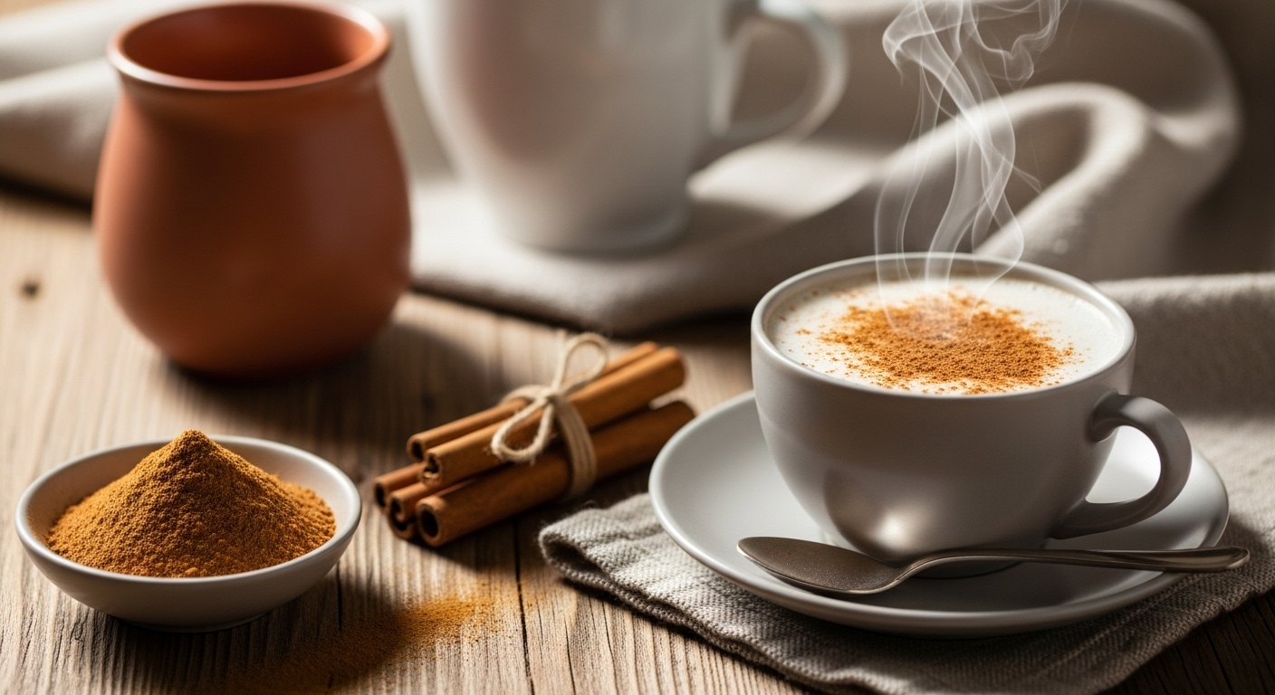 따뜻한 나무 식탁 위, 계피 스틱과 계피가루가 놓여 있고, 김이 모락모락 나는 계피차 한 잔이 놓여 건강하고 포근한 분위기를 연출하는 모습.