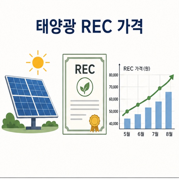 태양광 패널과 REC 인증서, 가격 그래프를 이용해 태양광 REC 가격을 설명하는 그림