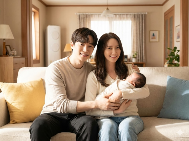 아기를 안고 있는 행복한 부부의 모습이 담긴 킹더랜드 스틸컷