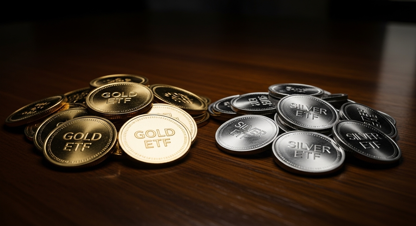 금(Gold)과 은(Silver) ETF를 상징하는 두 개의 다른 크기의 동전이 나란히 놓여 있는 이미지