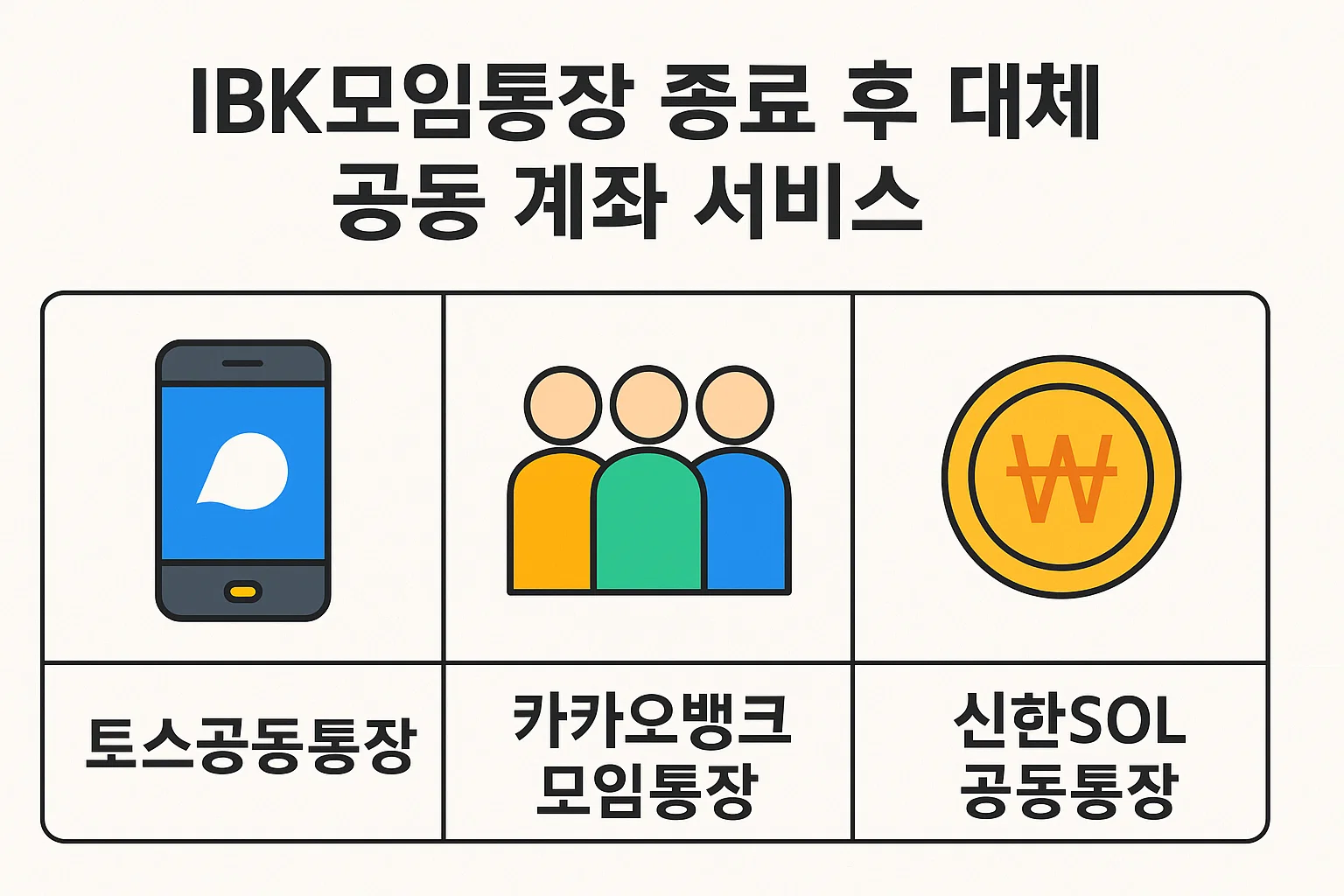 IBK 모임통장 종료 후 사용할 수 있는 토스 공동통장, 카카오뱅크 모임통장, 신한SOL 공동통장 등 대체 공동계좌 서비스를 비교 정리한 인포그래픽입니다.