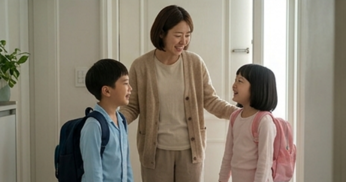 현관에서 웃으며 인사하는 엄마와 딸