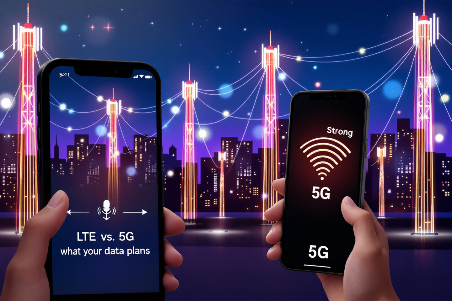 도시의 밤하늘 아래 5G 통신 타워들이 빛나는 모습. 두 손이 각각 스마트폰을 들고 있으며, 왼쪽 스마트폰 화면에는 'LTE vs. 5G, what your data plans'라는 문구가 표시되고, 오른쪽 스마트폰 화면에는 강력한 5G 신호를 나타내는 아이콘이 보입니다. 배경에는 네온빛으로 장식된 통신 타워와 현대적인 도시 풍경이 어우러져 있으며, 데이터 연결을 상징하는 빛나는 선들이 타워 사이를 연결하고 있습니다