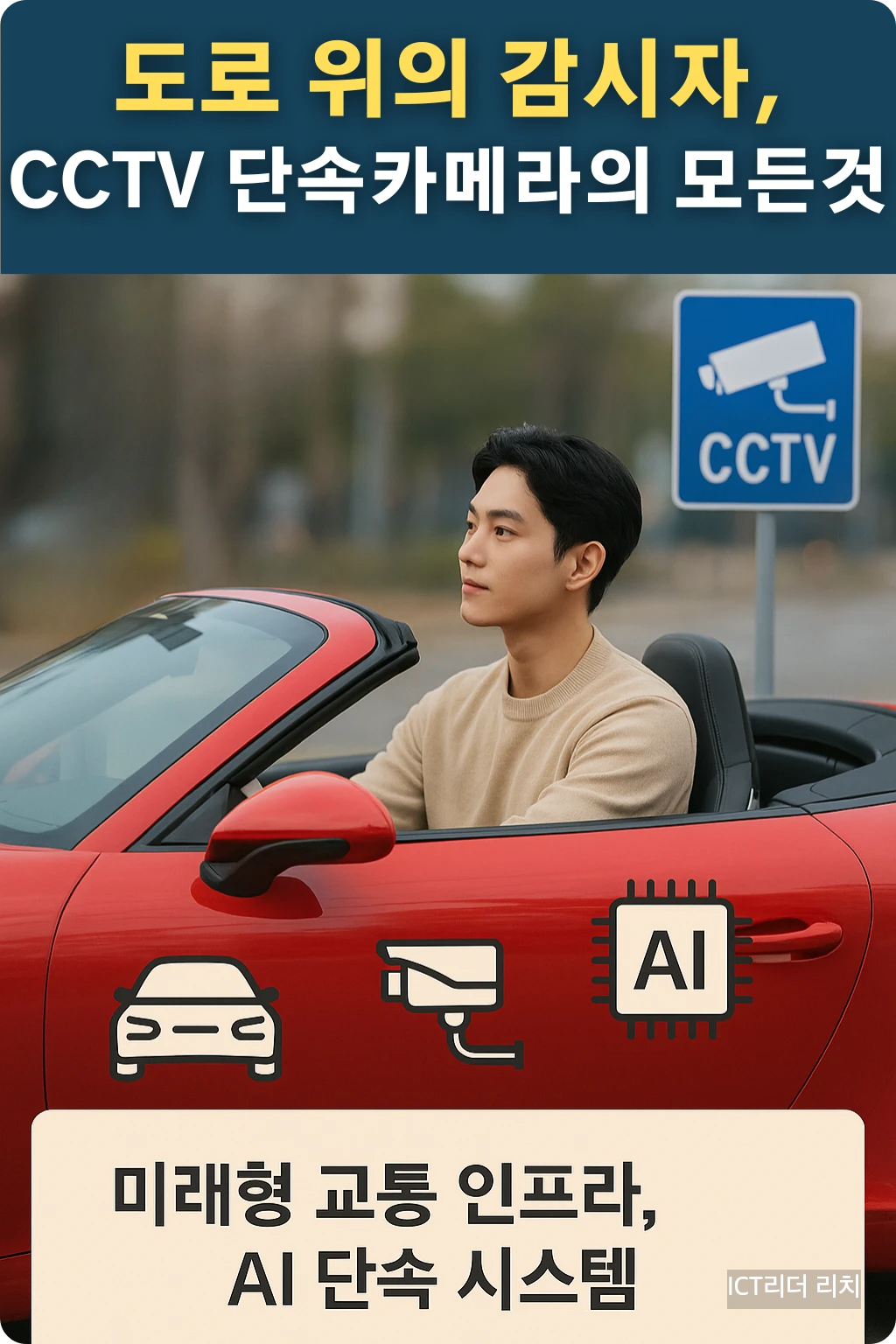 오픈카에 탑승한 남성이 CCTV 표지판을 배경으로 단속 시스템을 설명하는 인포그래픽