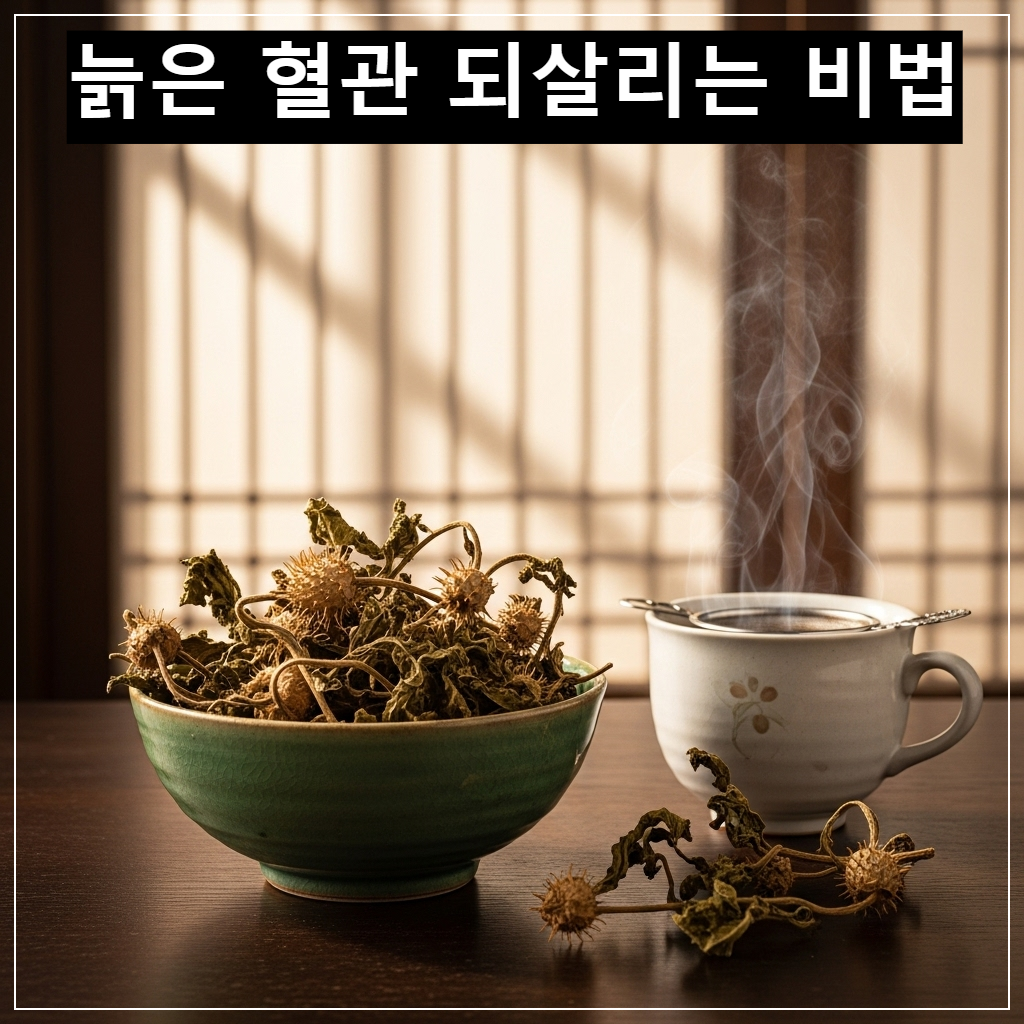 거친 질감의 도꼬마리 잎과 줄기가 담긴 약사발 옆에 김이 모락모락 나는 도꼬마리 차 한 잔이 놓인 건강한 분위기의 한국 전통 배경 사진