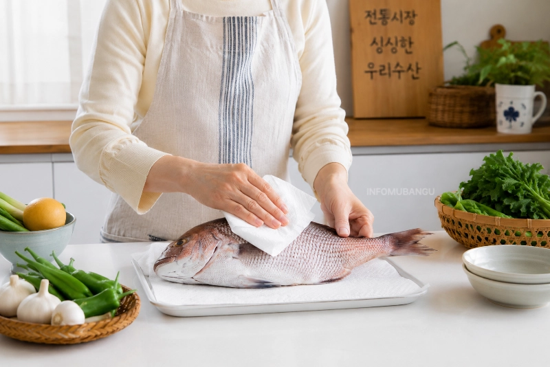여름철 신선한 생선 손질하는 모습