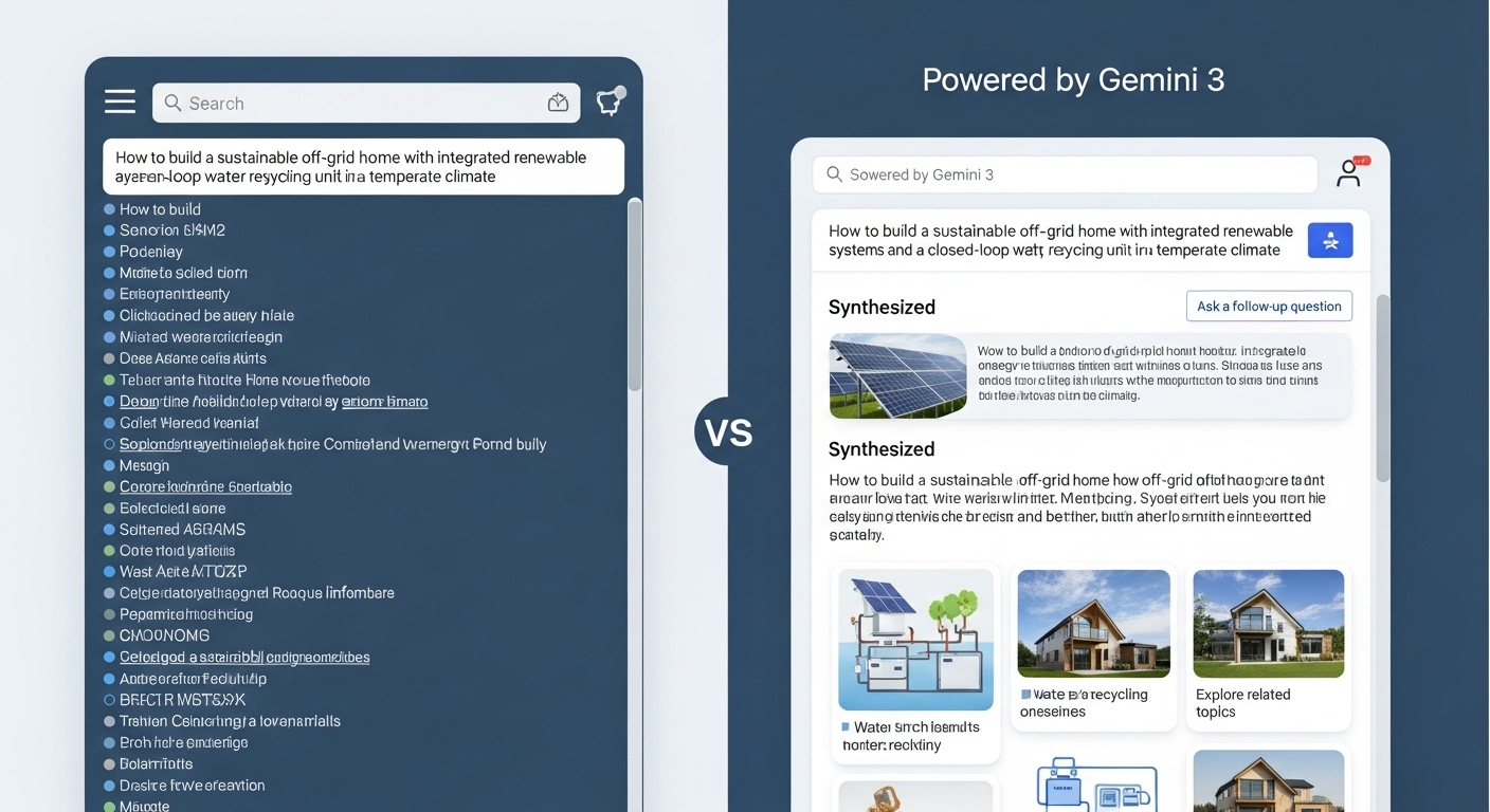 기존 키워드 검색과 제미나이 3 AI 검색의 결과를 비교하는 이미지. AI 검색이 복잡한 질문에 더 명확하고 종합적인 답변을 제공하는 모습.