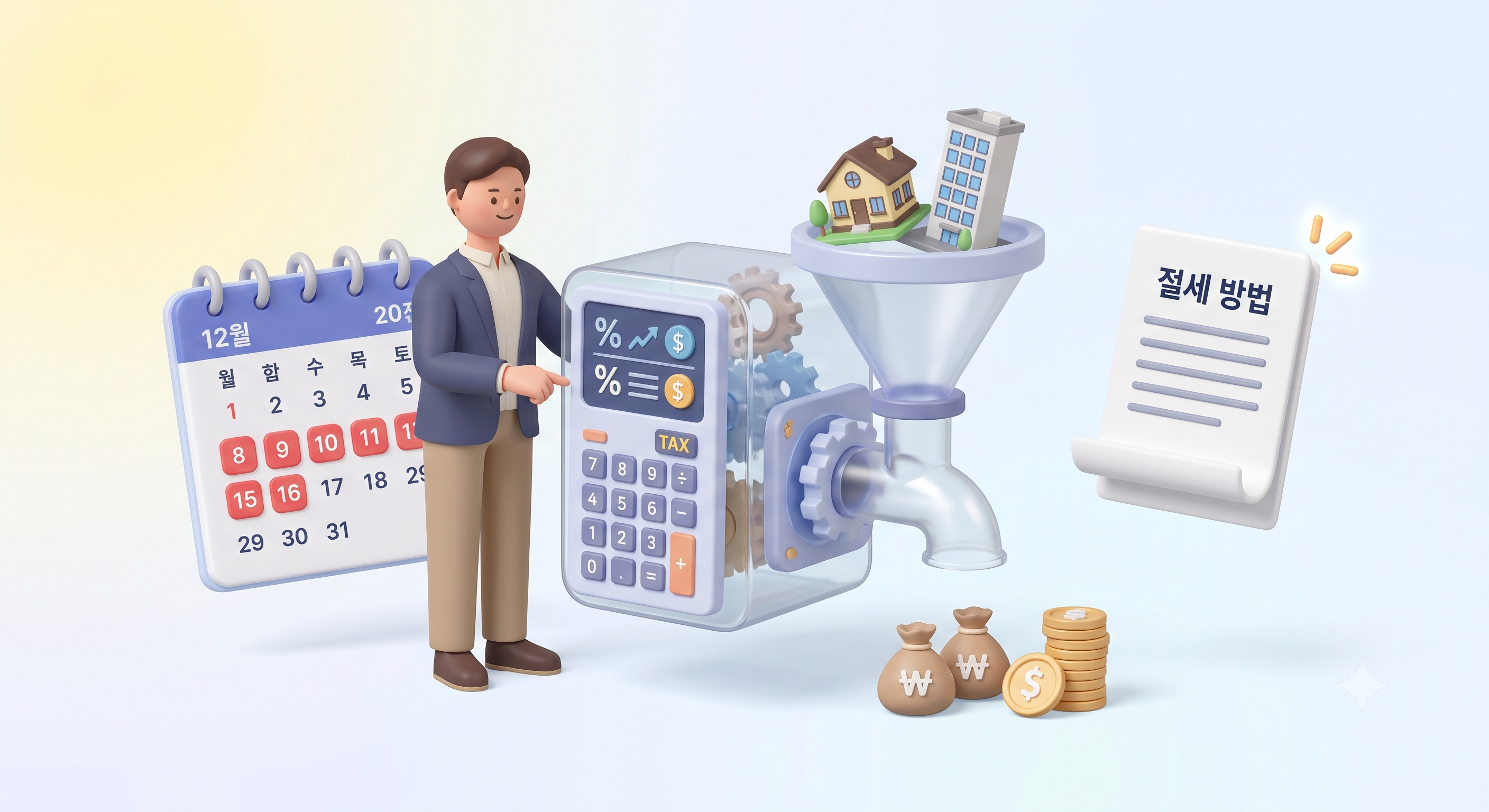 "12월" 달력, "TAX" 계산기 기계에 주택을 입력하는 3D 캐릭터, "절세 방법" 문서, 돈 자루와 동전들.