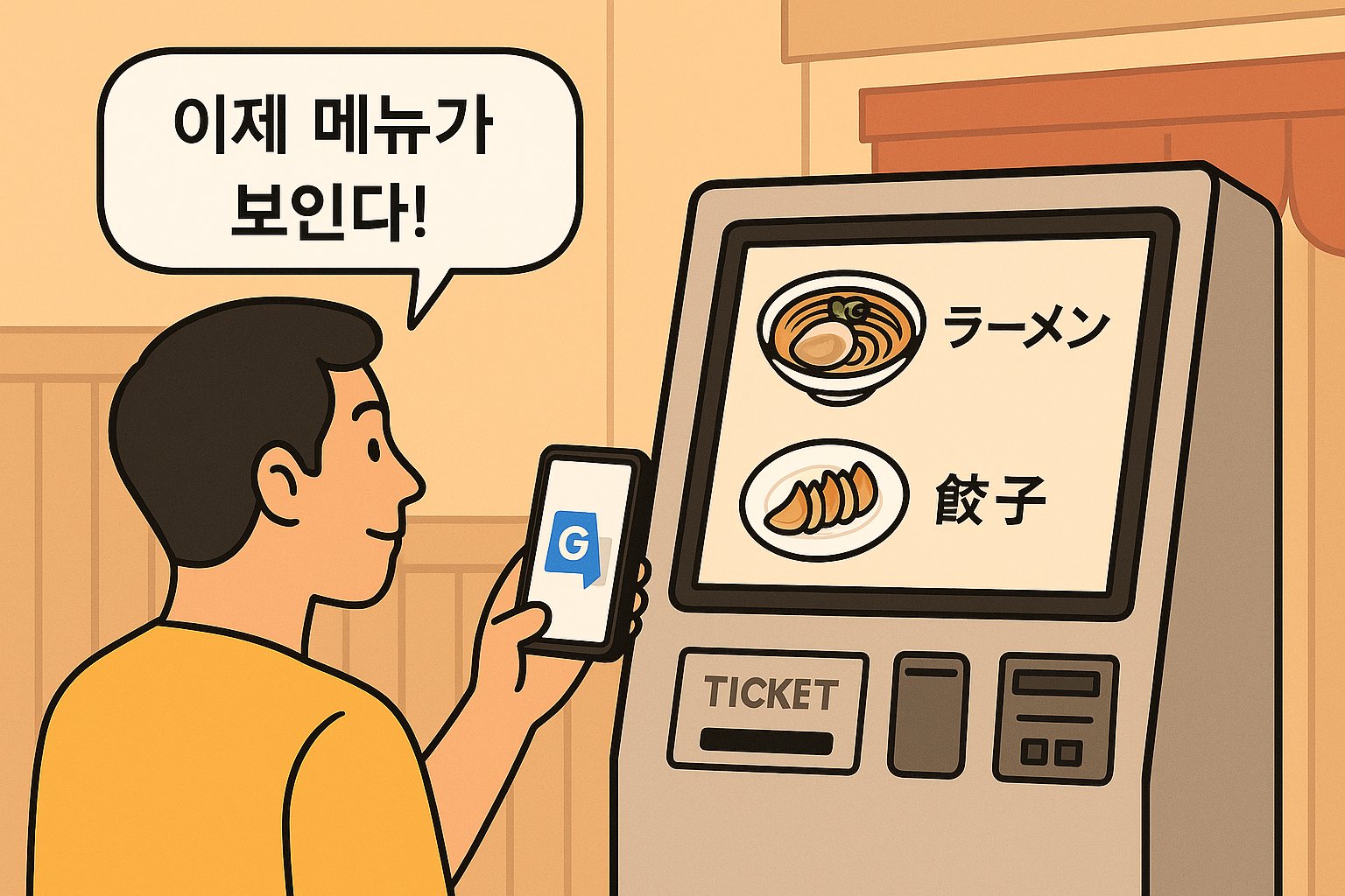 한국인 여행자가 일본 라멘 가게 입구 키오스크를 구글 번역 앱으로 비추는 모습