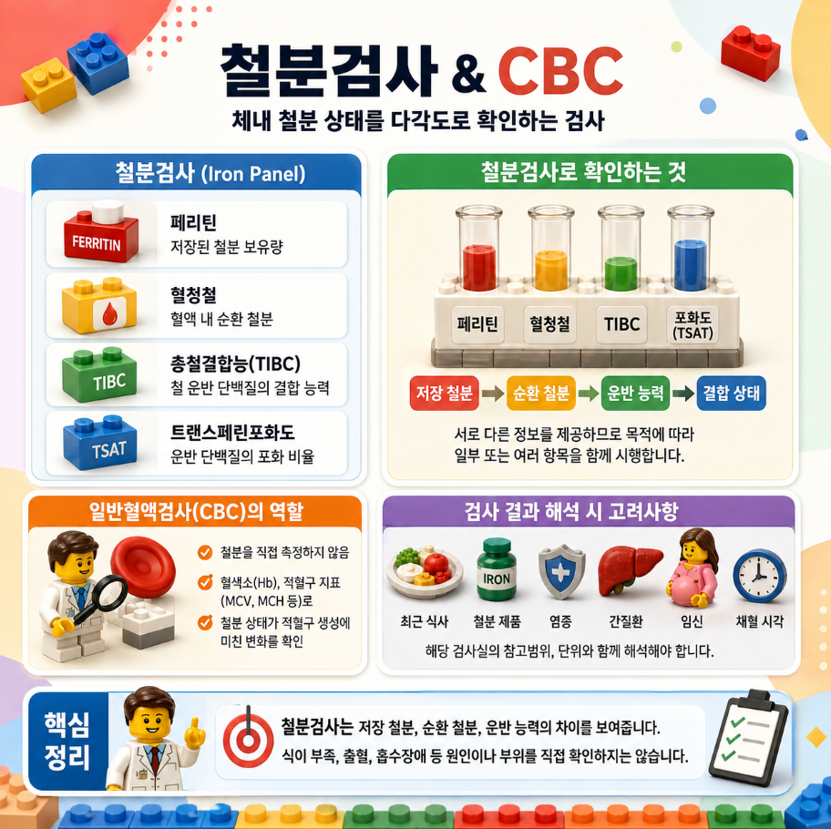 1. 레고 스타일로 표현한 철분검사와 CBC의 역할 및 저장 철분·순환 철분·운반 능력 비교 인포그래픽