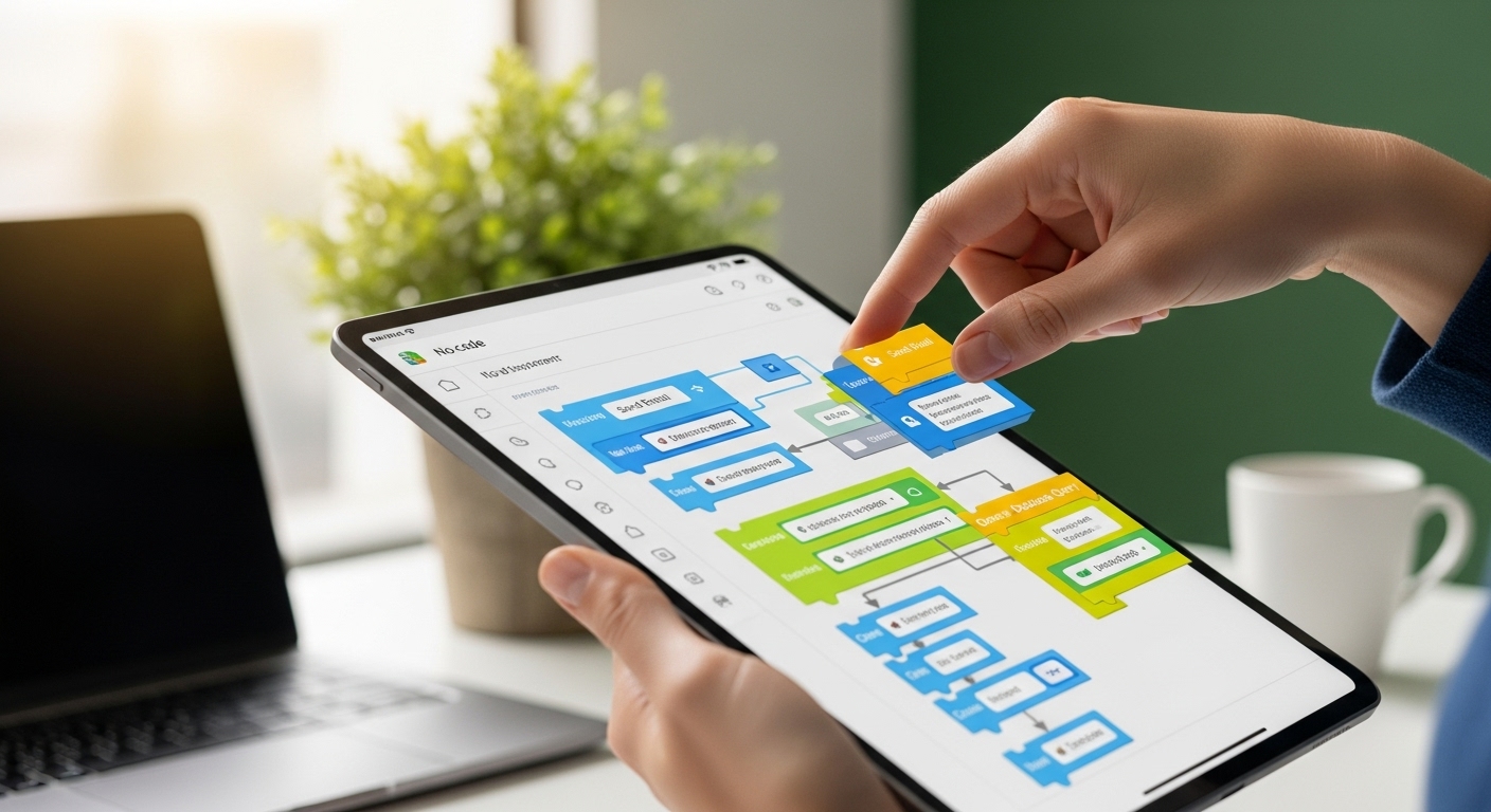 태블릿 화면에서 노코드 플랫폼의 시각적 블록을 드래그 앤 드롭하며 앱을 만드는 손의 클로즈업