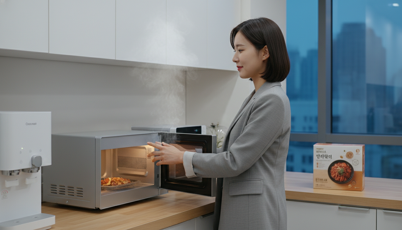 바쁜 직장인이 사무실 주방에서 밀키트를 전자레인지에 간편하게 데우는 모습.