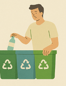 서로 다른 분리수거 상자 앞에서 분리수거를 하고 있는 모습.