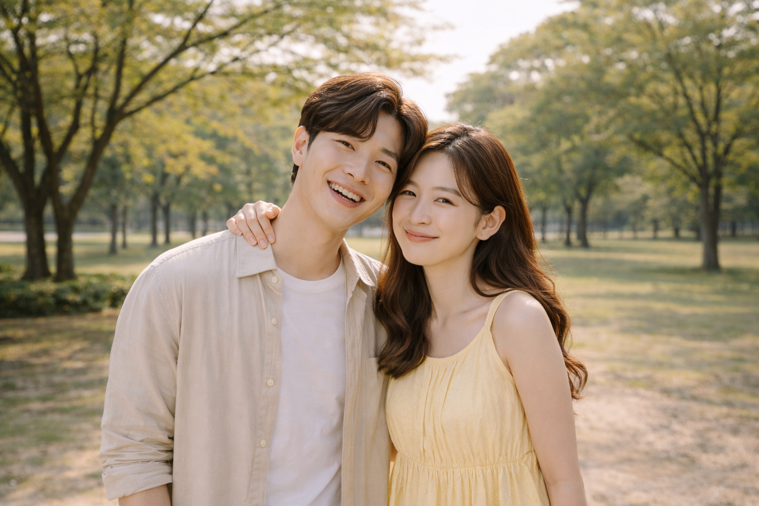 넓은 공원을 배경으로 젊은 부부가 함께 웃으며 여자가 남자의 어깨에 팔을 올리고 다정하게 서 있는 모습