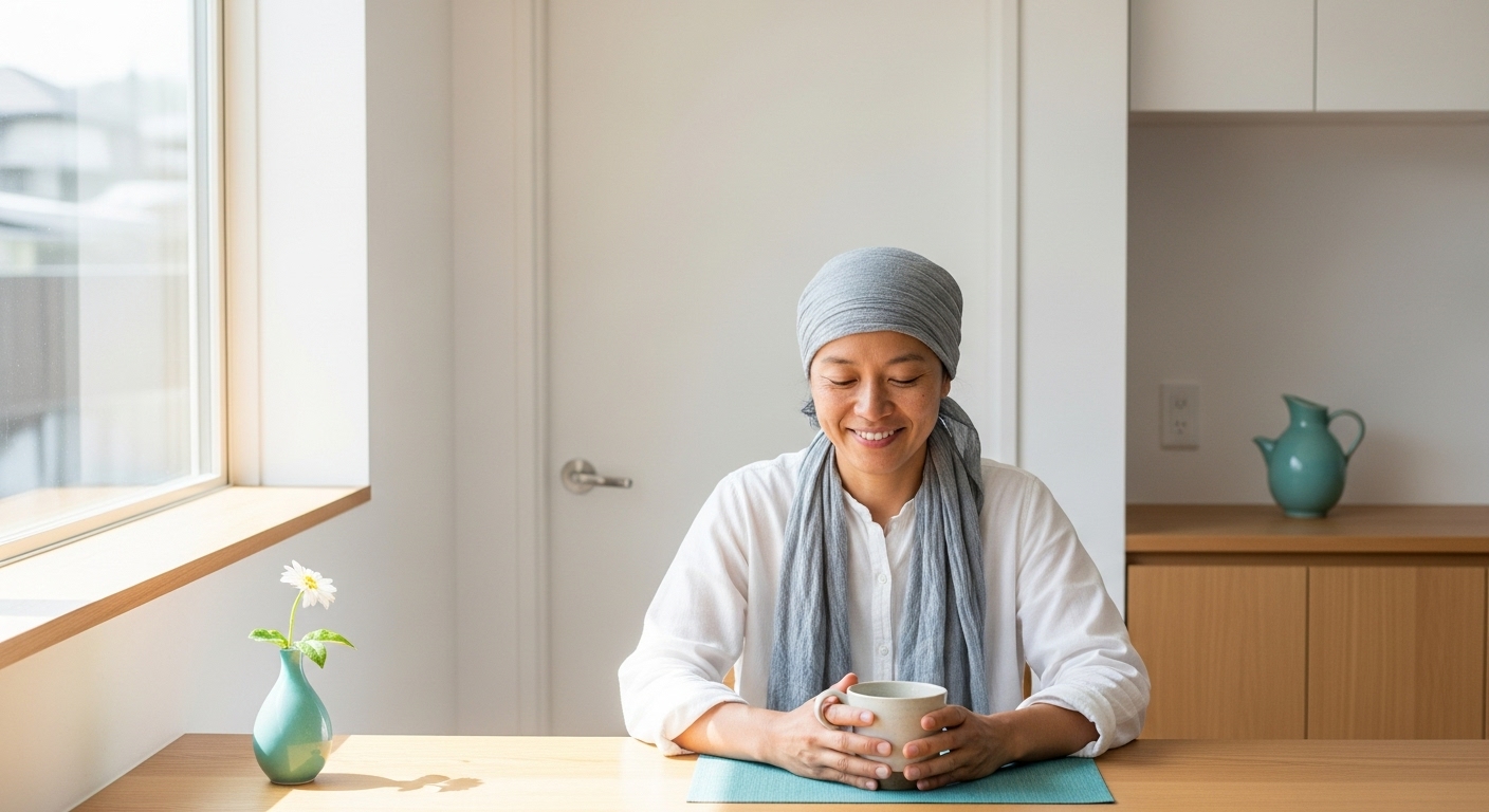 깔끔하고 미니멀한 주방에서 차를 마시며 행복해하는 사람의 모습.