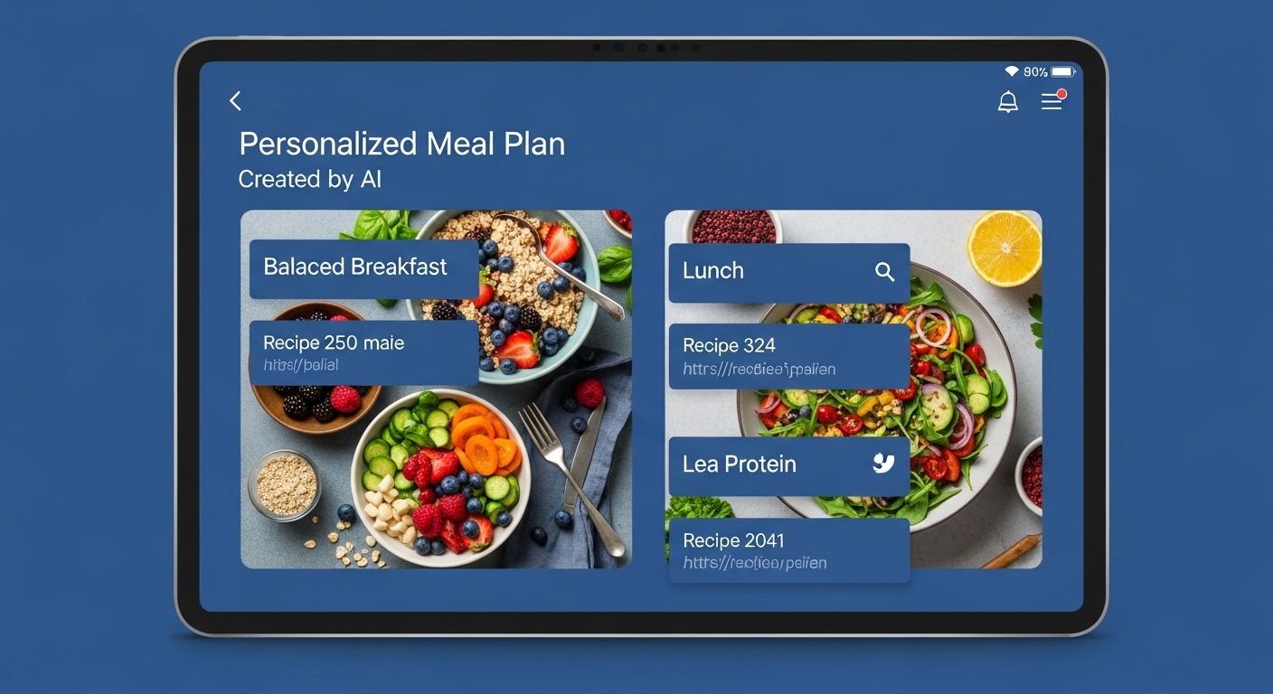 AI가 제안한 개인 맞춤형 식단이 보이는 디지털 화면. 오트밀, 샐러드, 연어 스테이크 등 건강한 음식이 먹음직스럽게 배열되어 있으며, 영양 정보가 함께 표시된 모습.