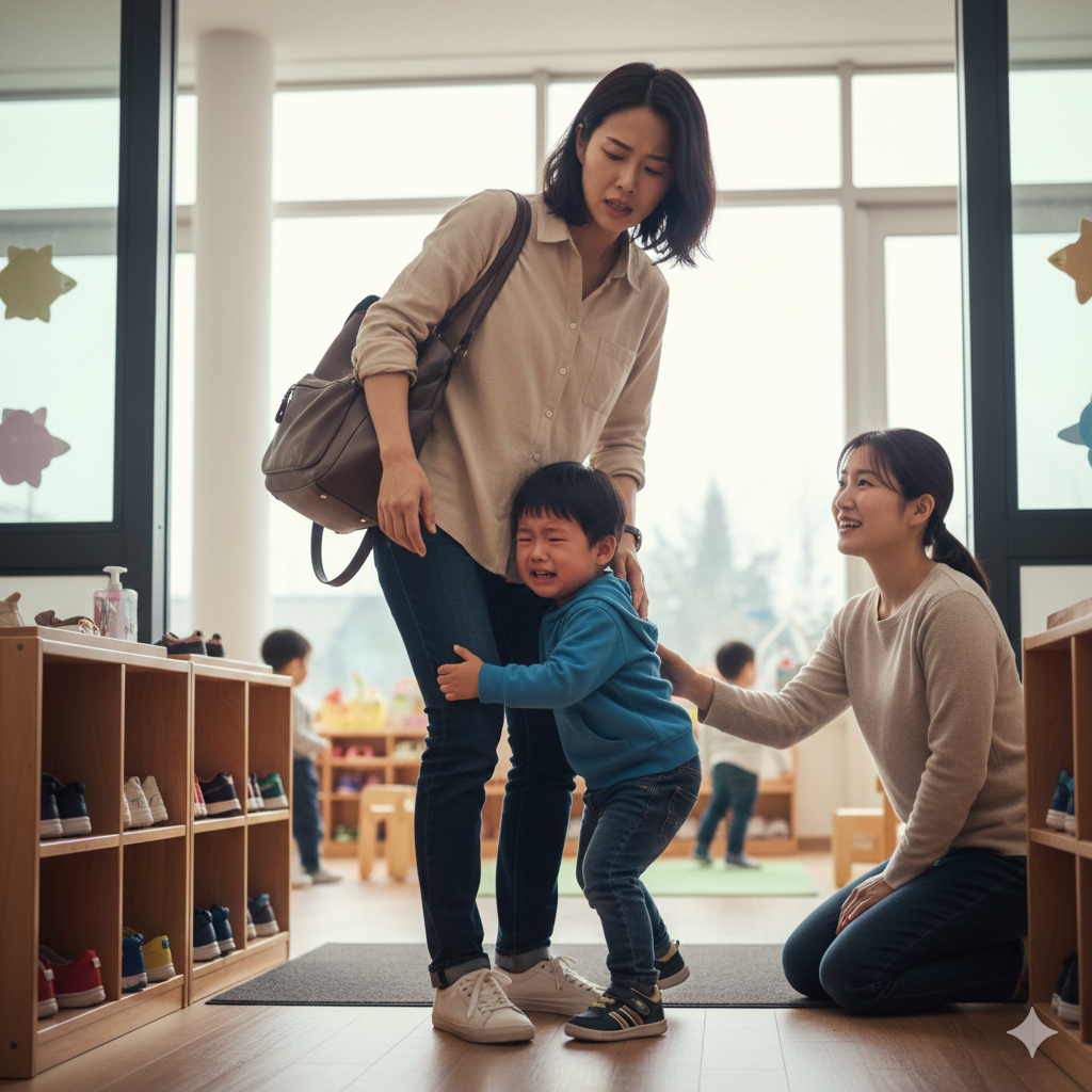 어린이집 현관 앞에서 엄마 다리를 꼭 붙잡고 서럽게 울고 있는 아이와 난감한 표정의 엄마
