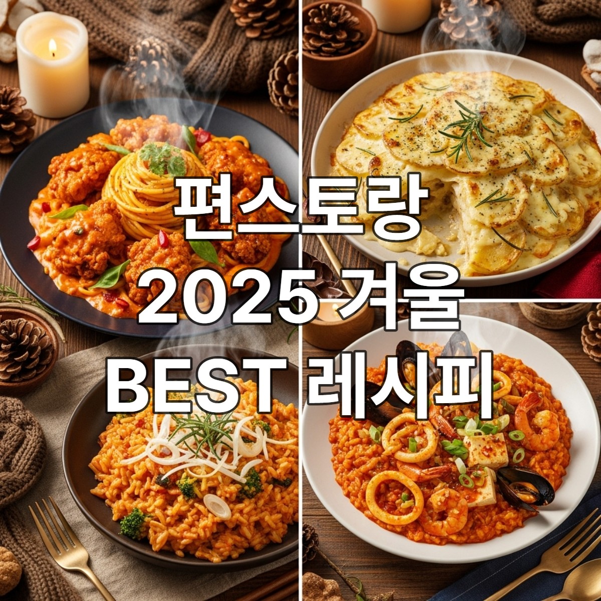 2025년 겨울 편스토랑 베스트 레시피 3가지(마라크림 닭강정 파스타, 꿀감자 그라탕, 매콤 해물 순두부 리조또)가 따뜻한 분위기에서 먹음직스럽게 놓여있는 모습