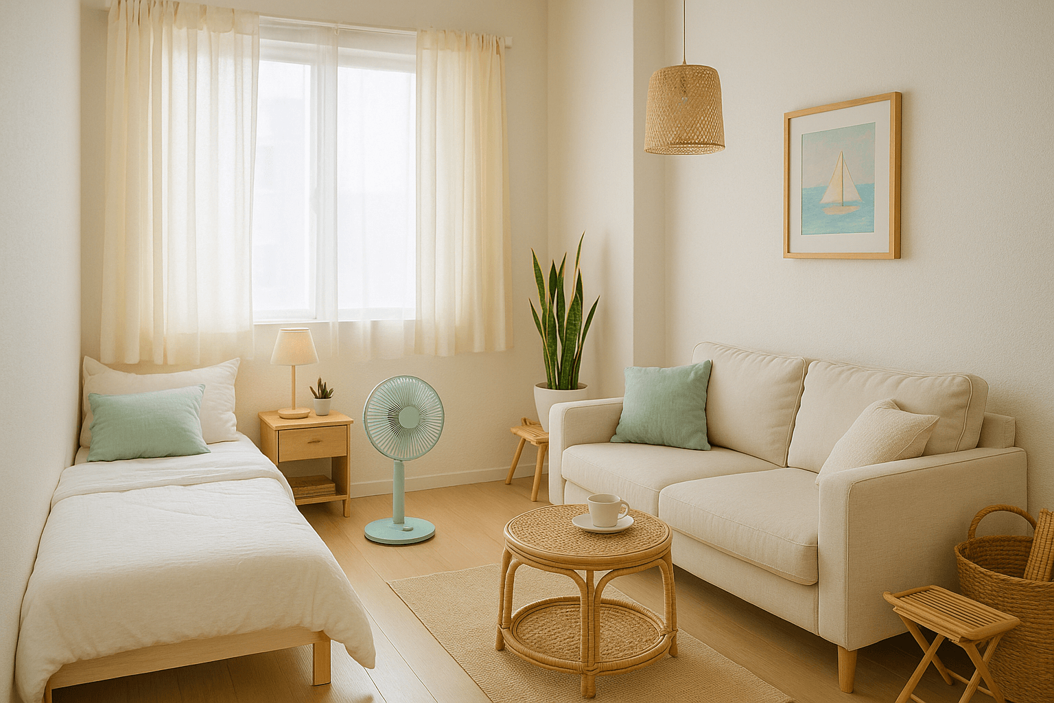 좁은 공간을 활용한 여름 인테리어를 보여주는 사진 스타일의 이미지