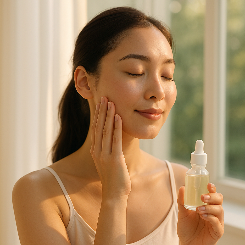 창가에 앉아 글루타치온 성분을 바르며 스킨케어중인 여성