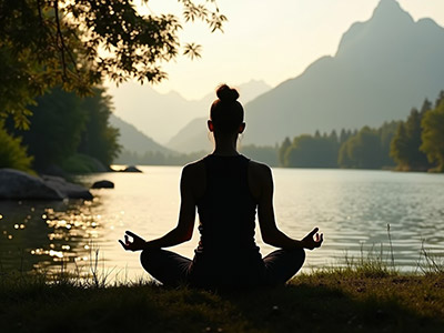 호수가에 여자가 명상을 하며 앉아있다.