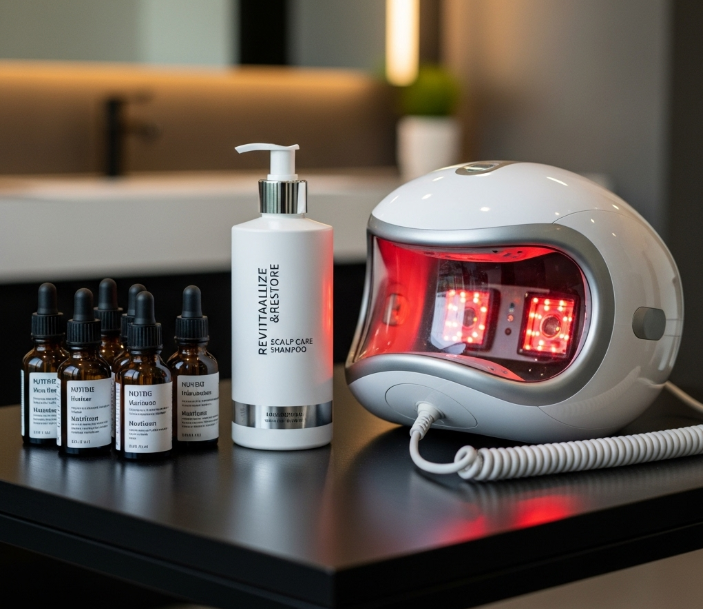 두피 관리용 샴푸, 영양제 병, 그리고 저출력 레이저 헬멧 등 다양한 탈모 관리 용품들이 테이블 위에 깔끔하게 정리되어 있다.