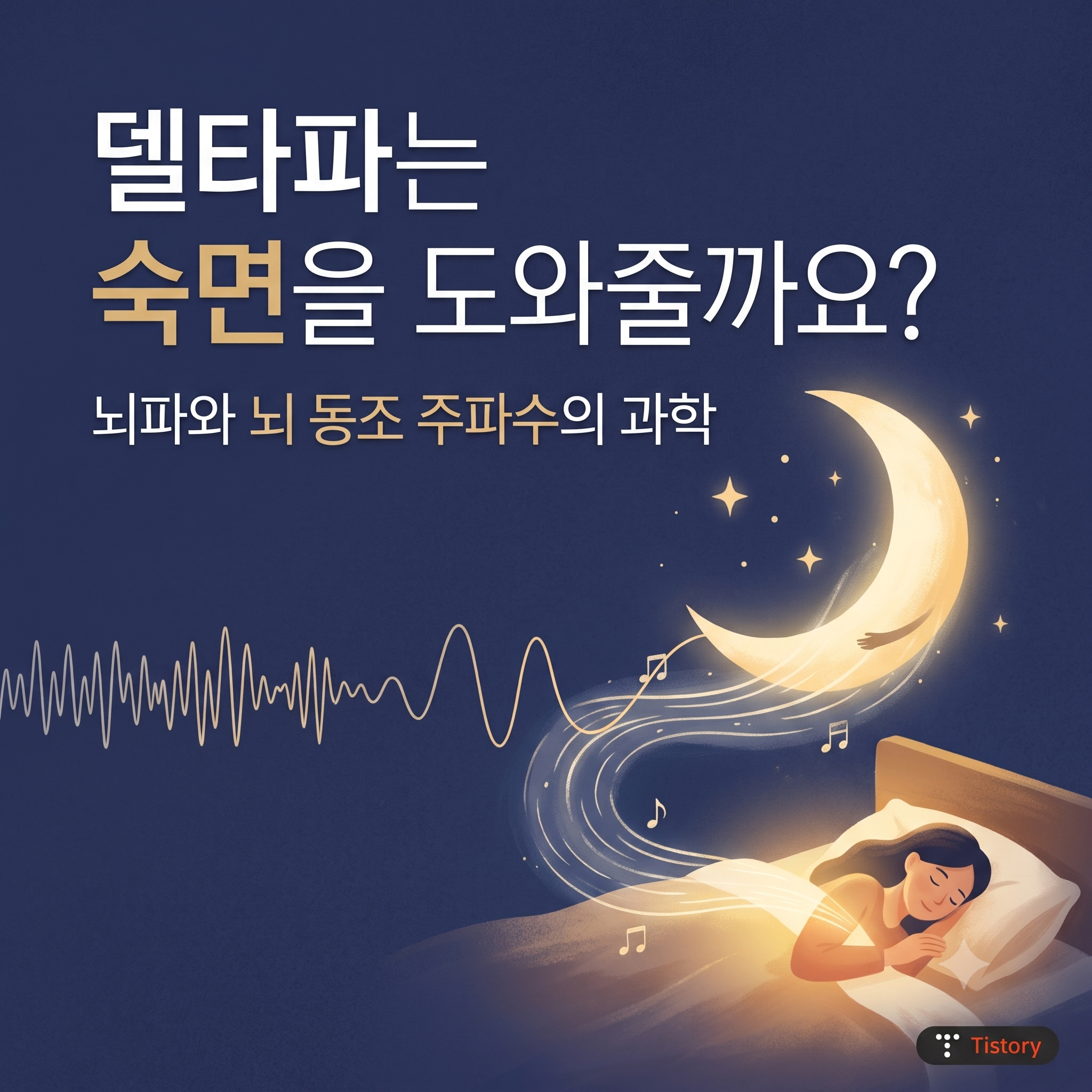 짙은 파란색 밤하늘 배경에 델타파 주파수 파형과 노란 초승달이 그려져 있고, 아래에서 한 여성이 침대에 누워 평온하게 잠들어 있는 모습. 상단에는 '델타파는 숙면을 도와줄까요? 뇌파와 뇌 동조 주파수의 과학'이라는 한글 텍스트가 적혀 있는 블로그 썸네일 이미지.