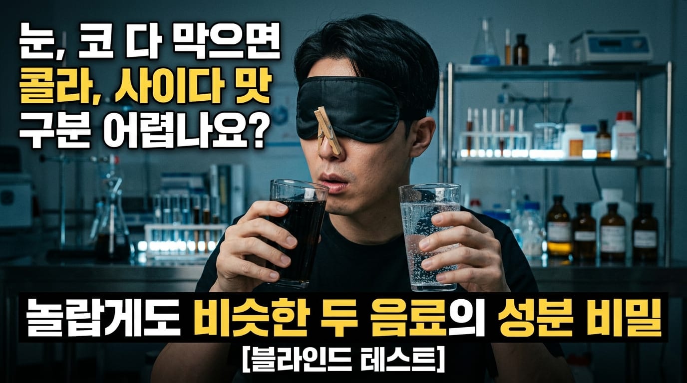 눈과 코를 가린 사람이 콜라와 사이다를 비교하는 블라인드 테스트 이미지