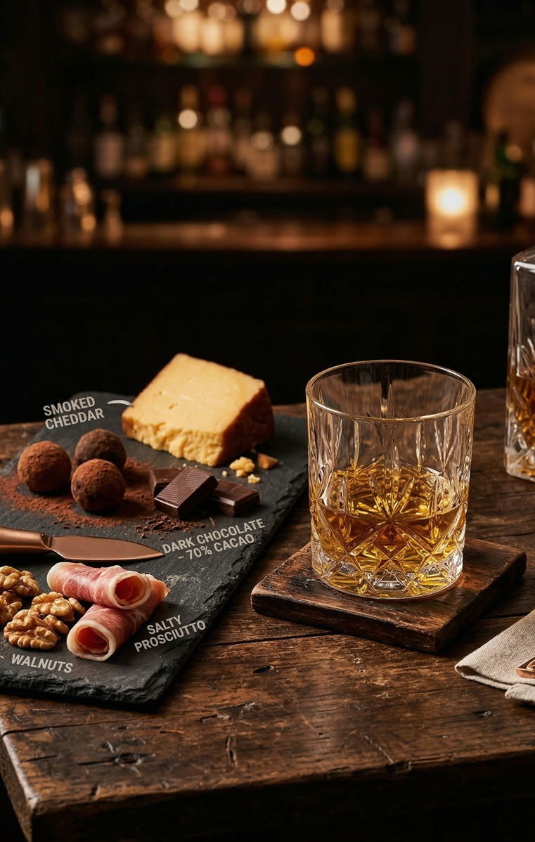 위스키 잔 옆에 훈제 치즈, 다크 초콜릿, 하몽, 견과류가 정갈하게 놓인 고급스러운 안주 플레이트 사진.