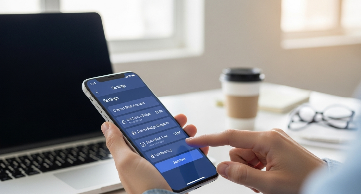 AI 가계부 앱 설정 화면에서 사용자가 은행 계좌를 연동하고 예산 카테고리를 설정하는 모습.
