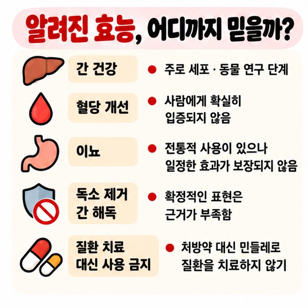 간 건강 혈당 항산화 이뇨 효과는 연구 중이지만 사람에게 확실한 치료 효과가 입증된 것은 아니라는 근거 수준 카드