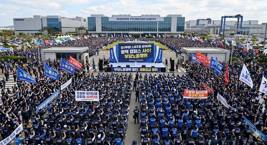 평택 캠퍼스 앞에 가득 모인 조합원들의 결의대회 현장 실사 사진 (규모감이 느껴지는 앵글)