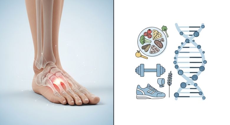 왼쪽에 발 뼈 구조와 통증 부위가 표시되고, 오른쪽에 식단 접시, DNA 나선, 운동기구, 신발 아이콘이 있는 통풍 관리 및 생활습관 개선 요인을 나타내는 일러스트
