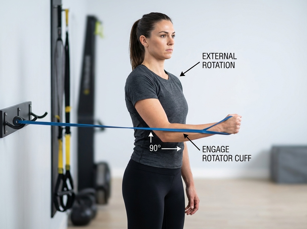 고무 밴드를 활용하여 어깨의 외회전과 내회전을 부드럽게 수행하며 회전근개를 자극하는 전문가의 이미지