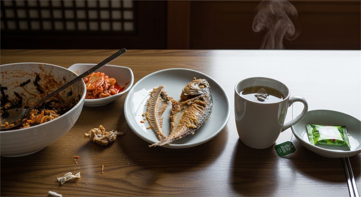 무거운 식사 뒤 차 한 잔을 대비해 보여주는 장면